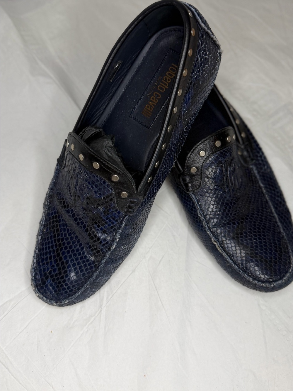 Roberto Cavalli Navy Blue Textured Leather Slip-On Loafers with Stud Accents